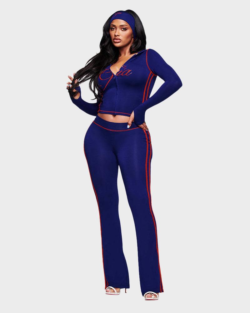 Letter Print Zip Up Cropped Hoodie  & Low Rise Flare Leg Pants Set
