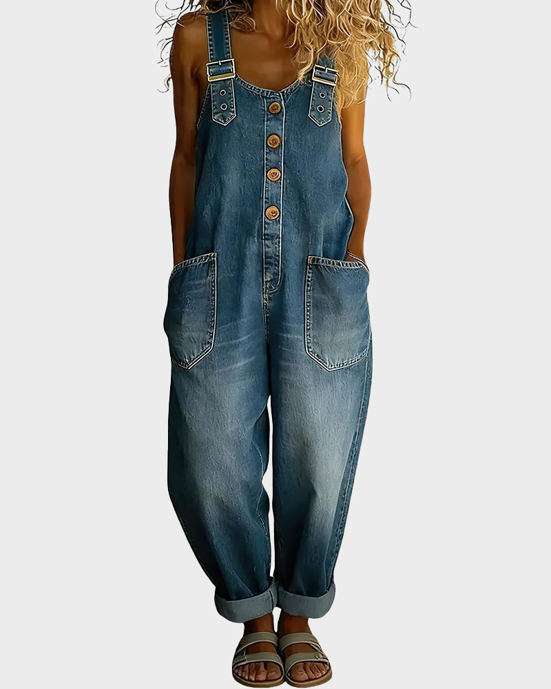 Y2K Vintage Loose Wide Leg Denim Button Front One Piece Romper Overalls