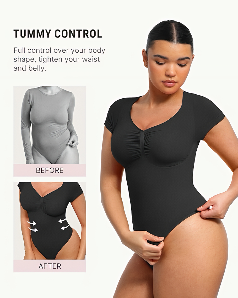 Women's V Neck Tummy Control Seamless Bodysuit Short Sleeve Thong Shapewear