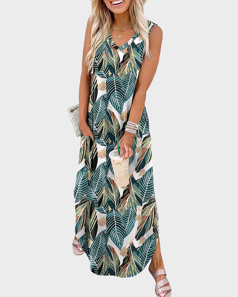 Summer Casual Floral Maxi Dress Vacation Beach Sundress with Pockets