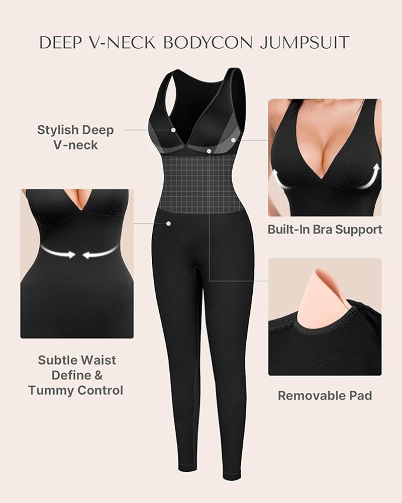 Deep V High Waisted Tummy Control Jumpsuit Breathable Shapewear