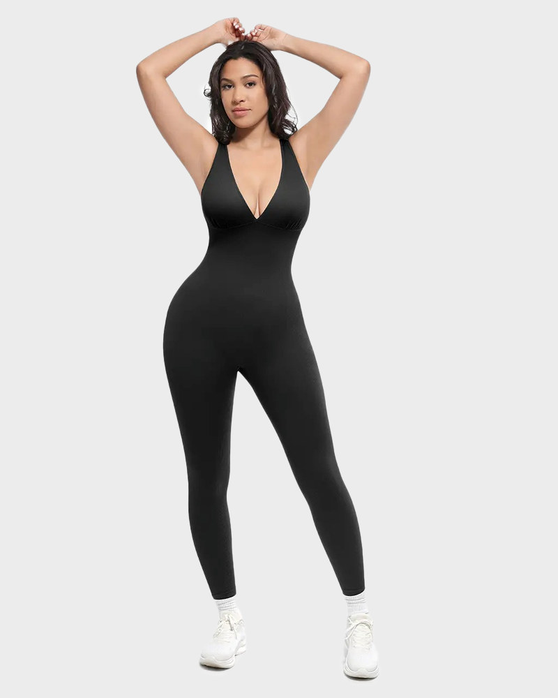 Deep V High Waisted Tummy Control Jumpsuit Breathable Shapewear