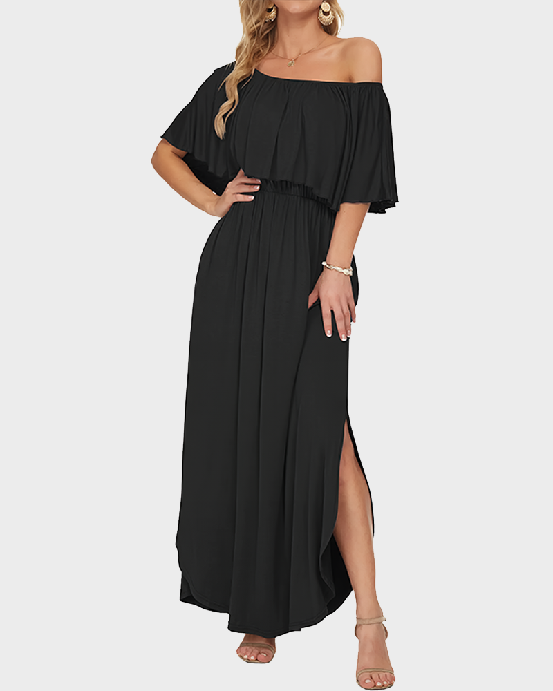 Women's Off The Shoulder Long Ruffle Maxi Dress with Pockets