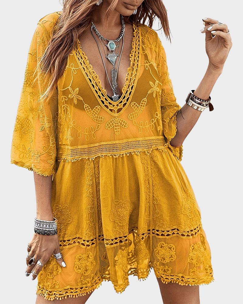 Women's V-Neck Lace Bathing Suit Cover Up Loose Swimwear Beach Dress