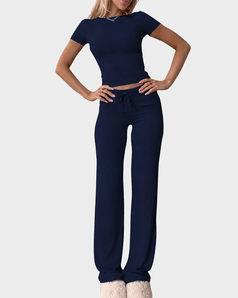 2 Piece Crop Tee & Drawstring Pants Set Round Neck Comfy Lounge Sleepwear