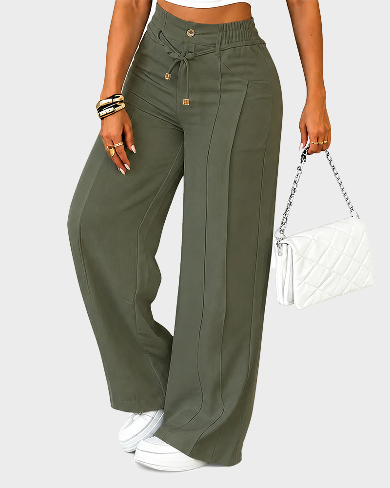 Women's High Waisted Wide Leg Casual Pants with Front Seam Drawstring