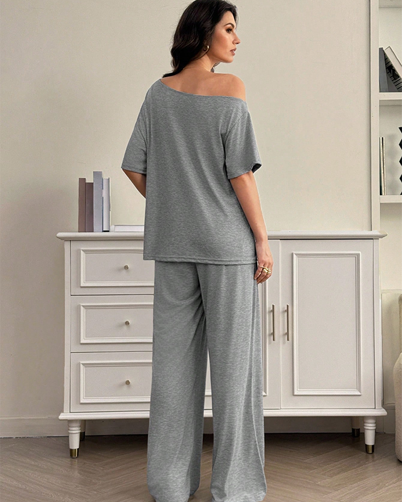 Casual Sporty Off Shoulder Top & Wide Leg Pants Daily Wear 2 Piece Set
