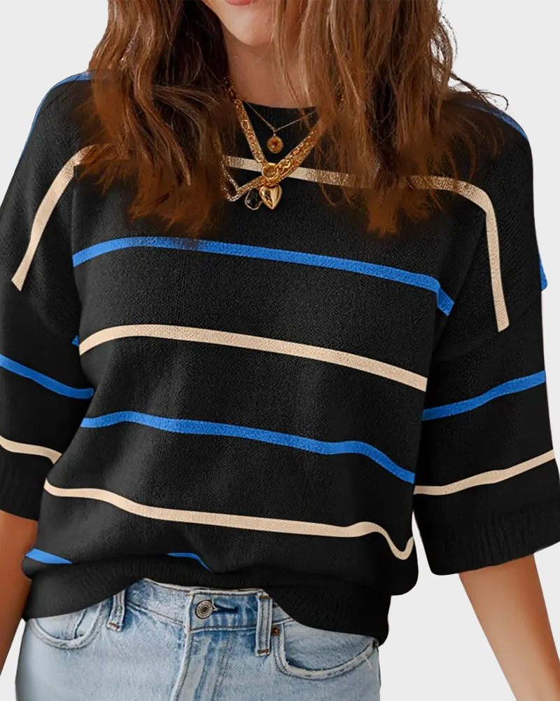 Striped Baggy Pullover Short Sleeve Round Neck Ribbed Cuff Top