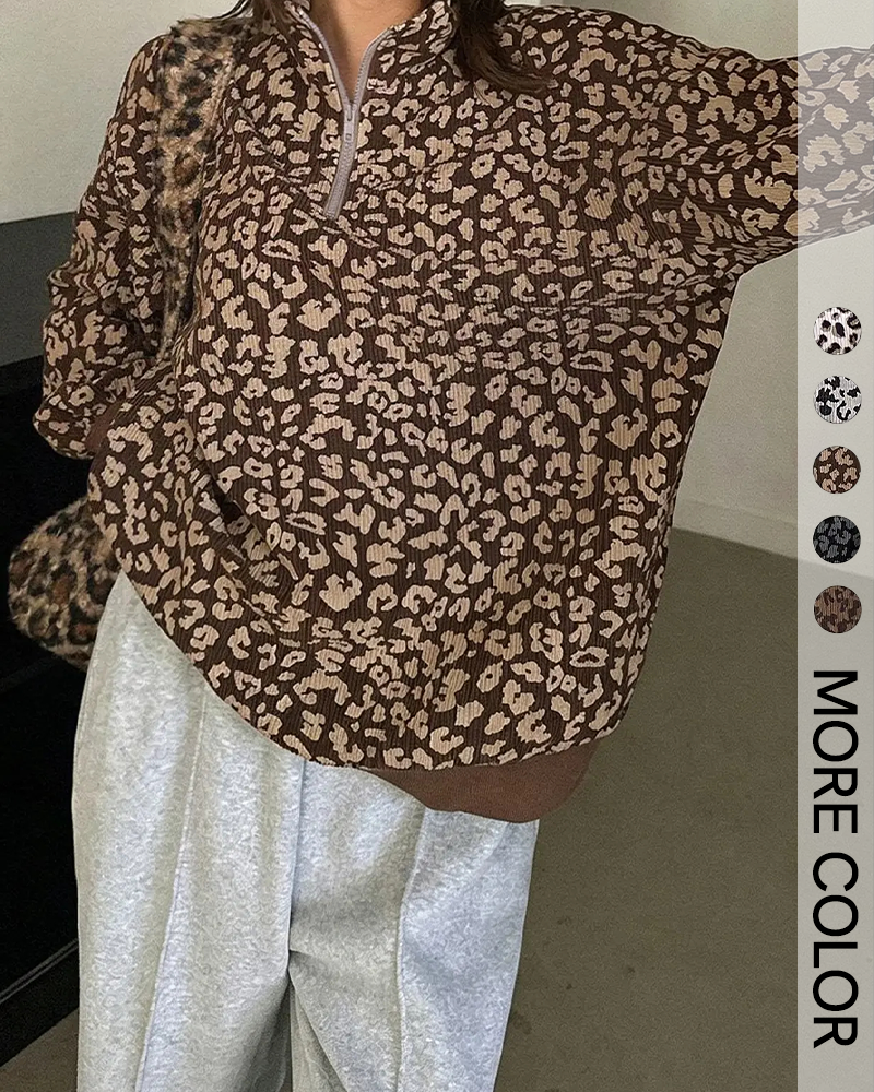 Leopard Print Oversized Half Zip Drop Shoulder Long Sleeve Casual Streetwear Top