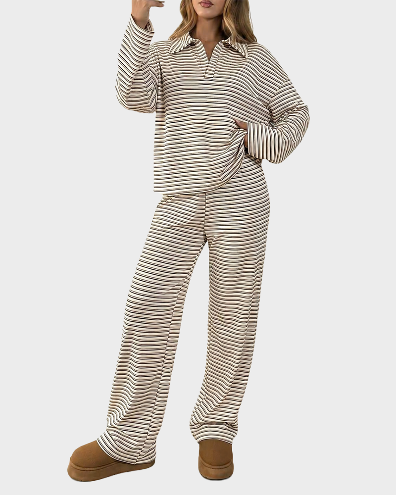 Striped Casual Pajama Set V Neck Drop Shoulder Tee & Elastic Pants Lounge Set