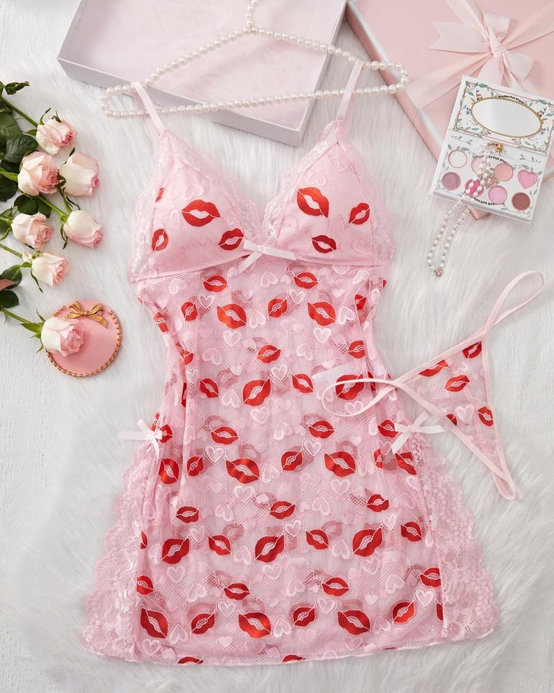 Lace Trim Cami Nightdress & Thong Sexy Lingerie Set