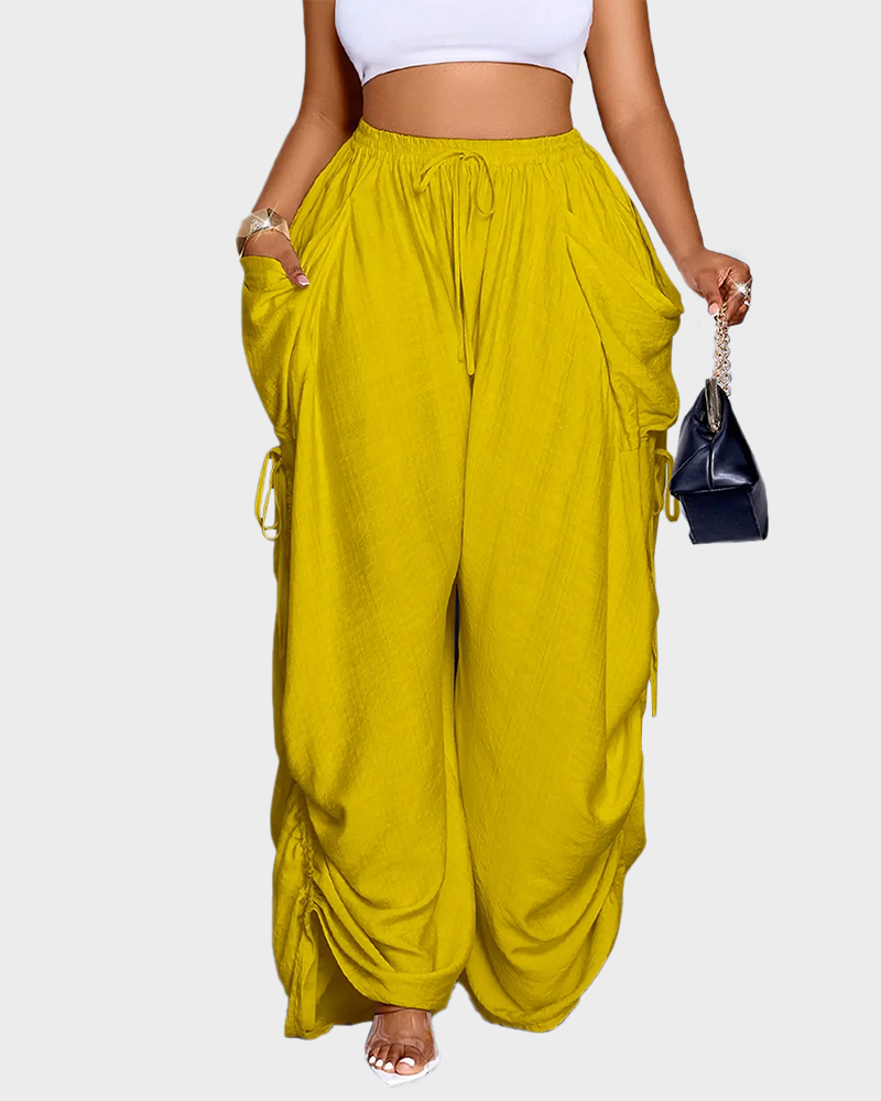 Women's Loose Fit Wide Leg Drawstring Pants Woven Plain