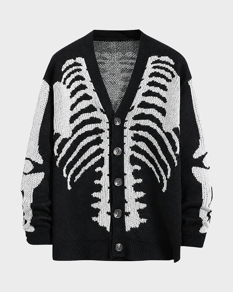 Skeleton Print Long Sleeve V Neck Button Front Loose Drop Shoulder Soft Knit Halloween Fall Top