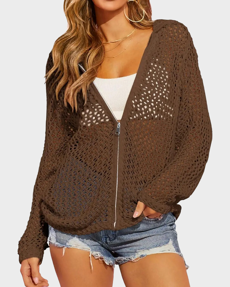 Crochet Lightweight Hooded Zip Up Mesh Beach Swimsuit Cover Up