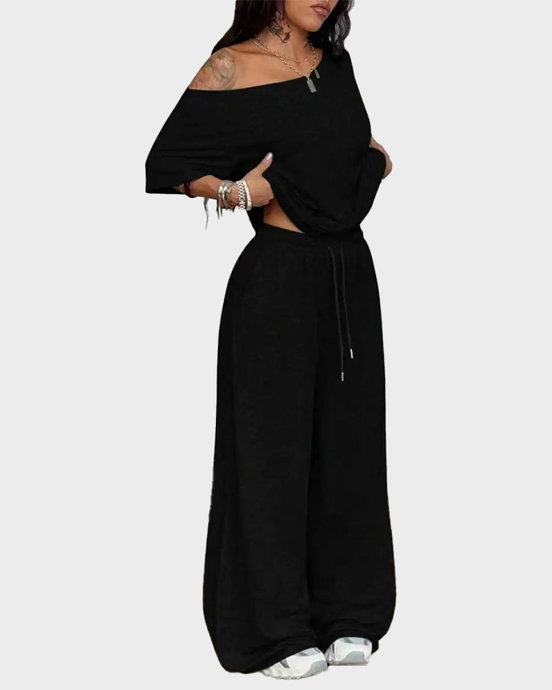 Casual Sporty Off Shoulder Top & Wide Leg Pants Daily Wear 2 Piece Set