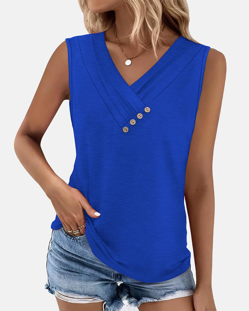 Summer Button Down V Neck Sleeveless Loose Fit Fashion Top