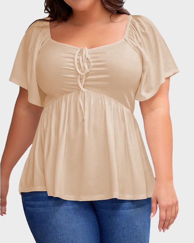 Plus Size Short Sleeve Sweetheart Neck Shirred Peplum Top Blouse