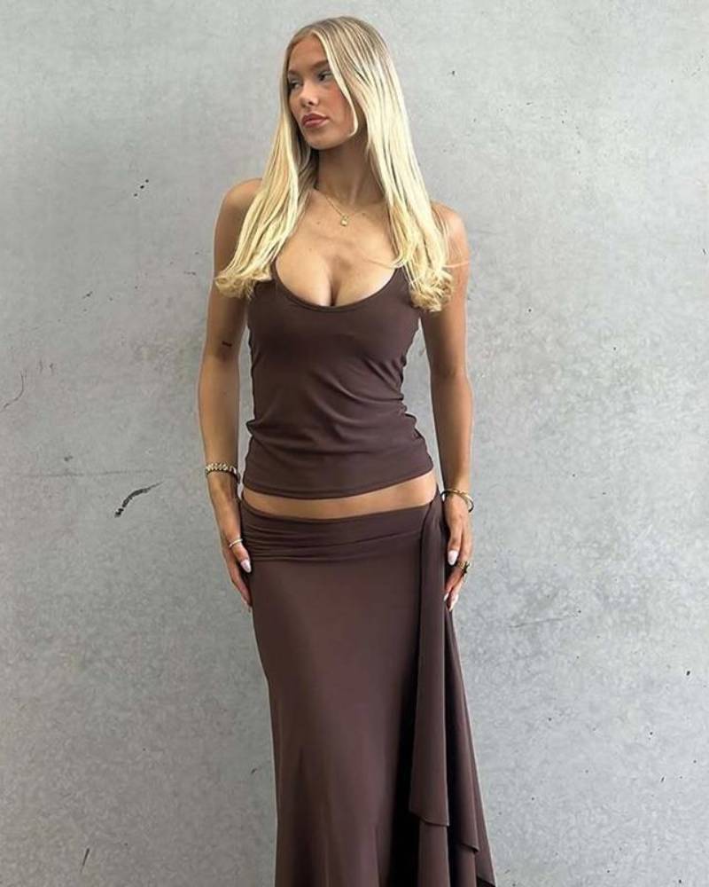 Women's Backless Tie Neck Cami & Side Split Skirt Ruffle Two Piece Set