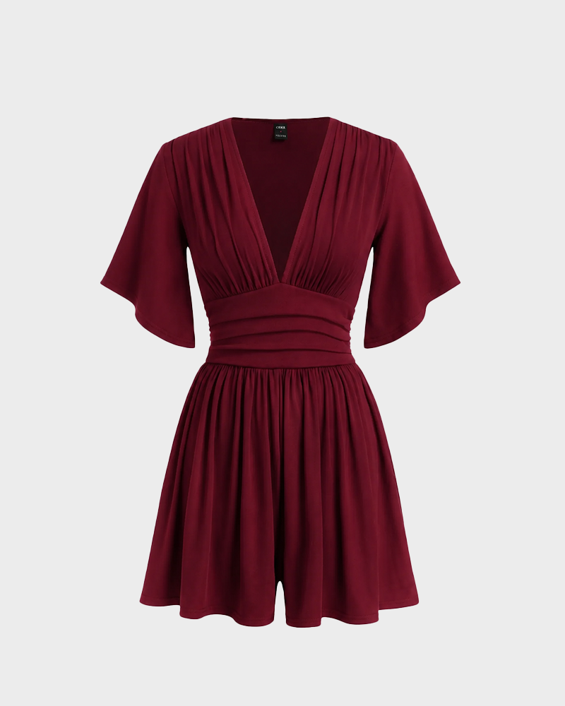 V Neck Bell Sleeve Ribbed Romper with Pockets Summer Jumpsuit