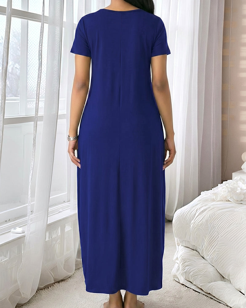 Fitted Short Sleeve Pocket Soft Loungewear Sleepwear Dress