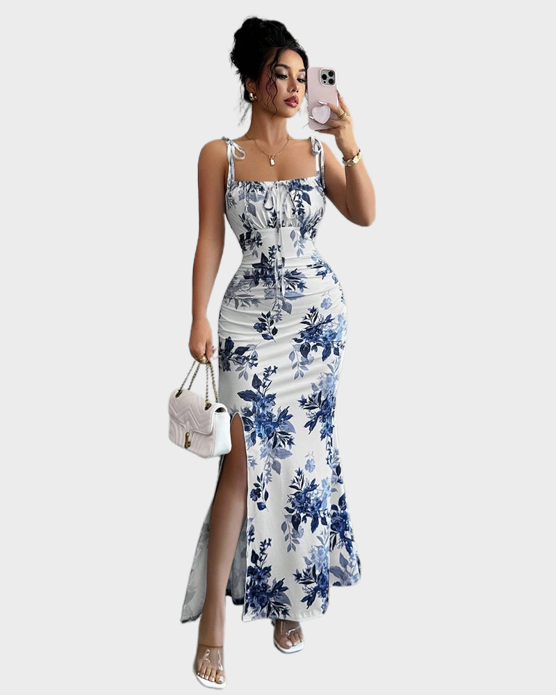 Fine Strap Bow Waist Floral Ruched Hem Slit Fitted Casual Slimming Elegant Dress