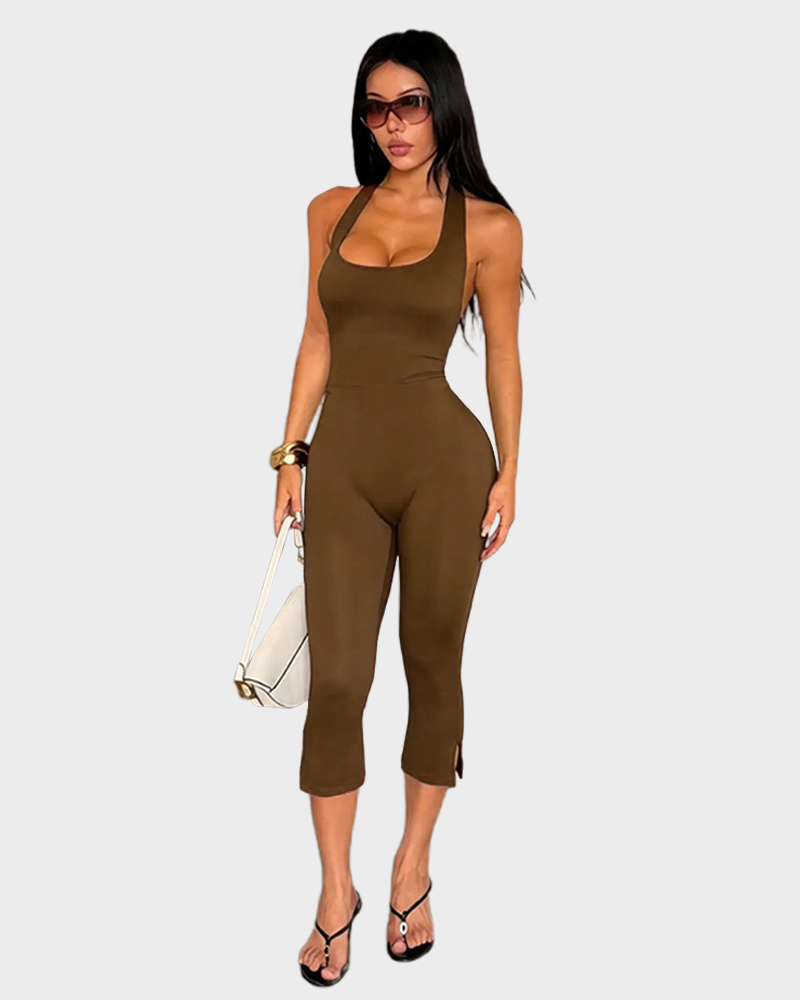 Women's Solid Color Sleeveless Halter Neck Skinny Fit Casual Comfy Jumpsuit
