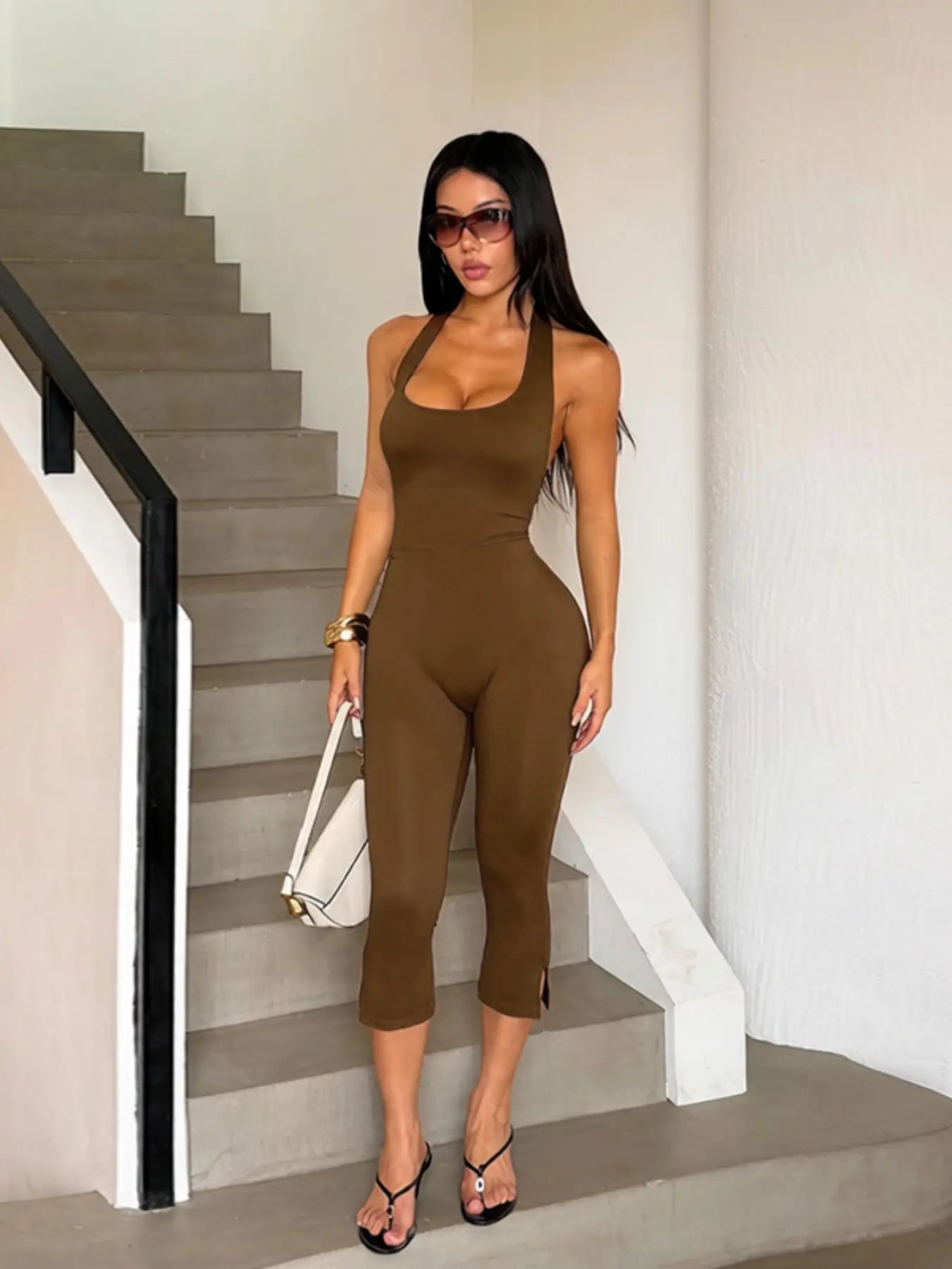 Women's Solid Color Sleeveless Halter Neck Skinny Fit Casual Comfy Jumpsuit
