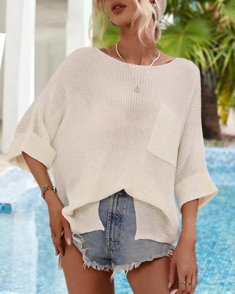 Comfy Oversized Batwing Short Sleeve Knit Crochet Beach Vacation Top