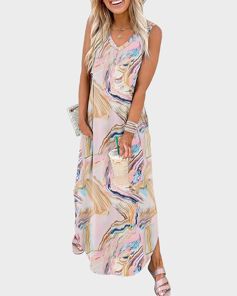 Summer Casual Floral Maxi Dress Vacation Beach Sundress with Pockets
