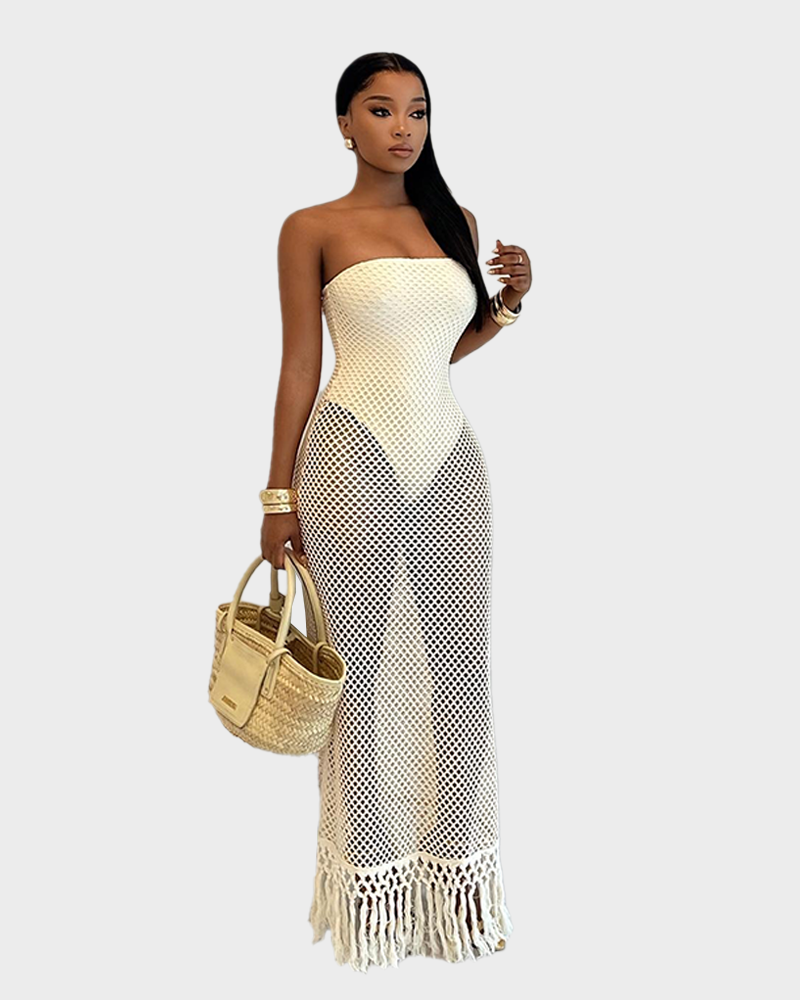 Summer Beach Crochet Mesh Fringe Fake Two Piece Strapless Vacation Cover Up