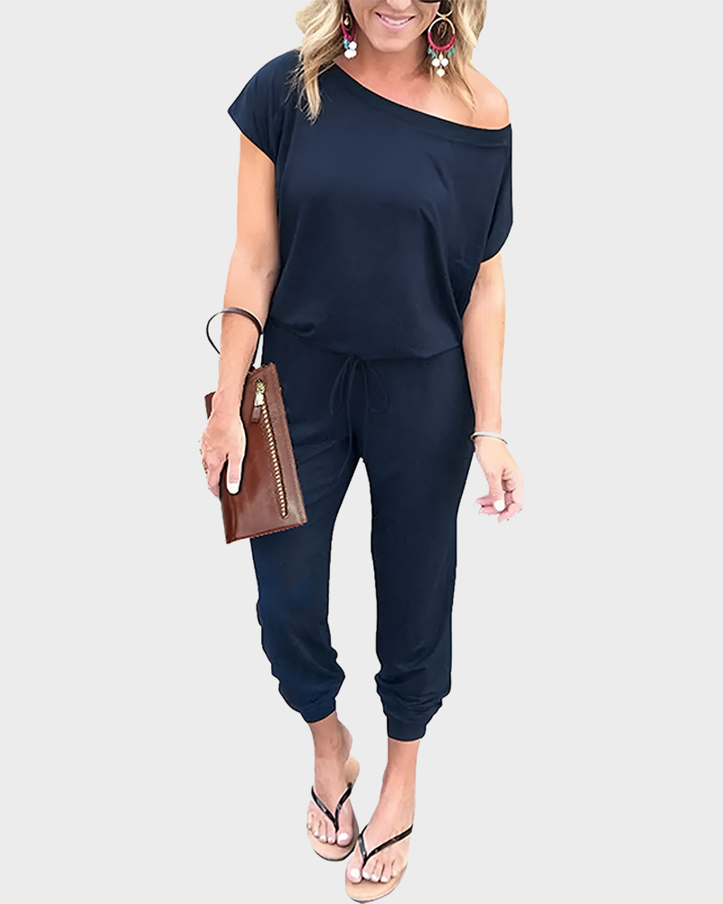 Women's Plus Size Off Shoulder Elastic Waist Loose Minimalist Jumpsuit Casual Lightweight Romper