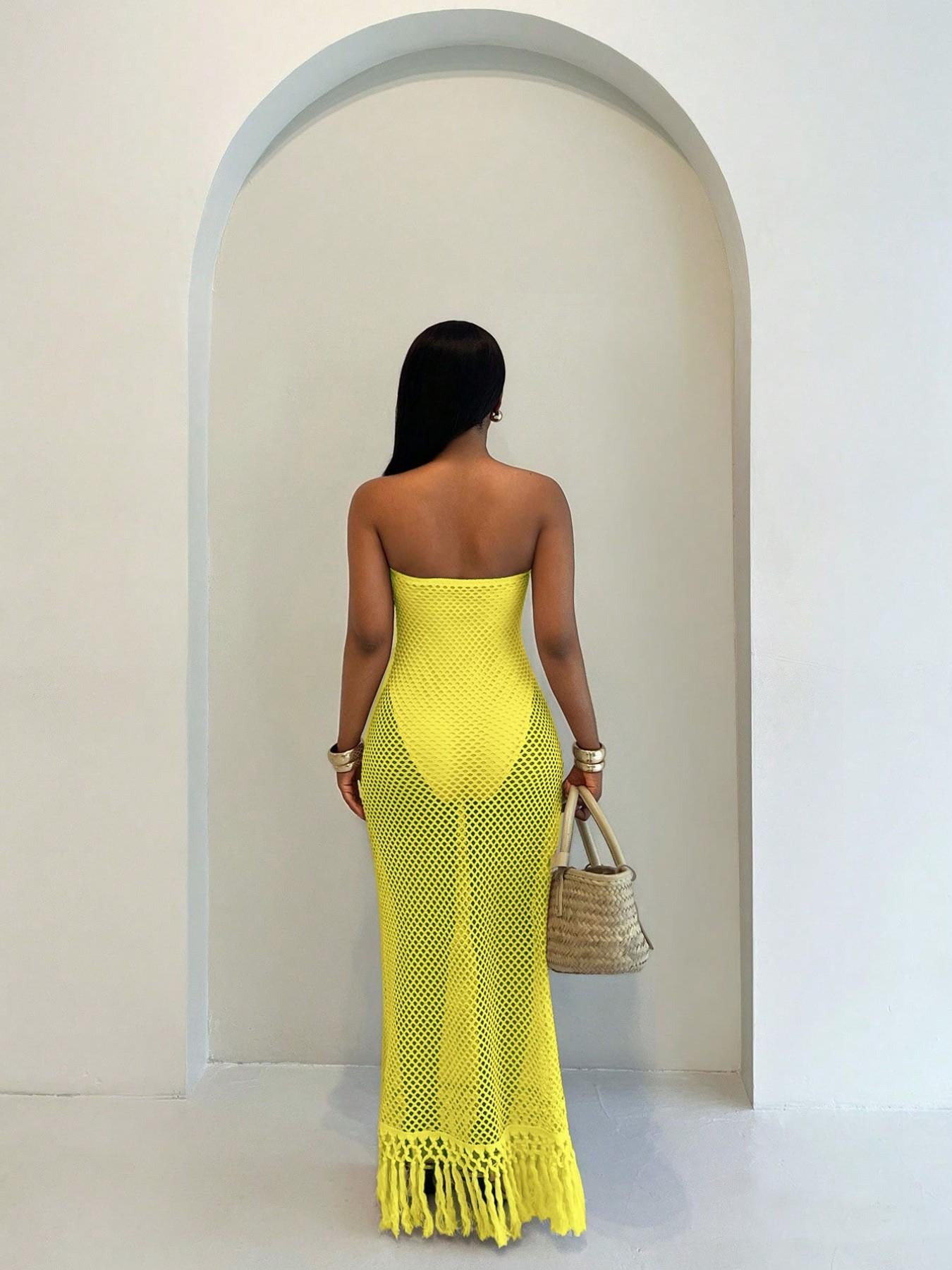 Summer Beach Crochet Mesh Fringe Fake Two Piece Strapless Vacation Cover Up
