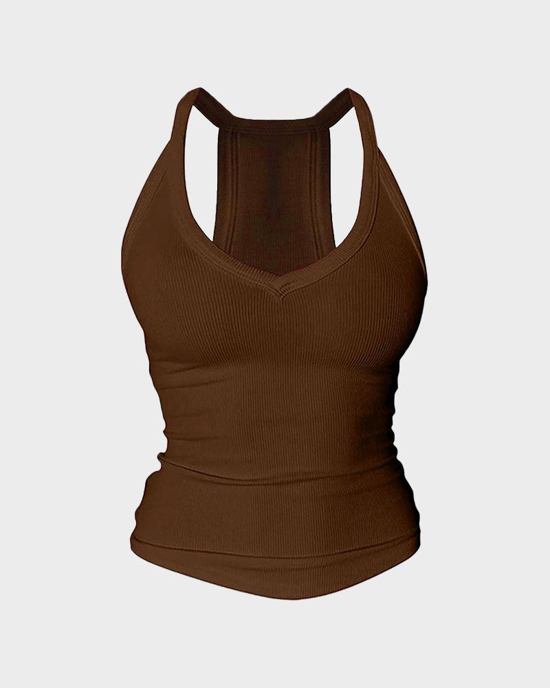Women's V Neck Cotton Racerback Tank Top Built in Bra Sleeveless Fitted Cami