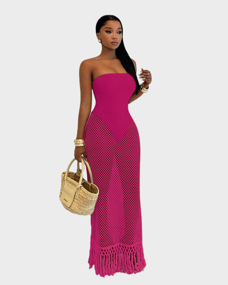 Summer Beach Crochet Mesh Fringe Fake Two Piece Strapless Vacation Cover Up