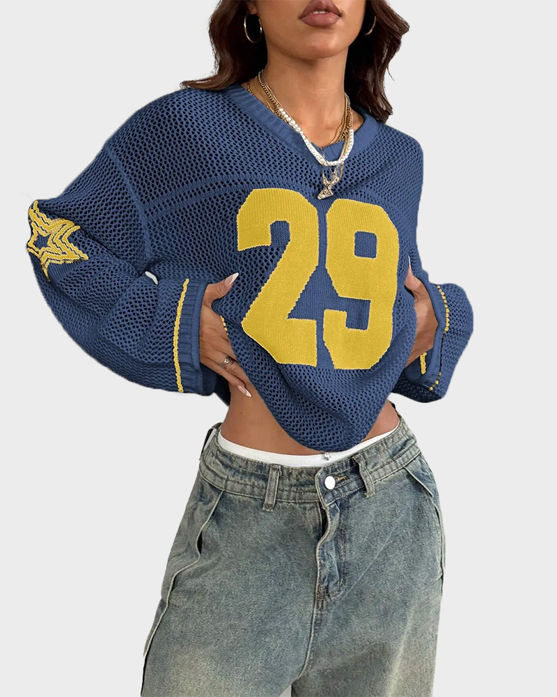Hollow Football Y2K Long Sleeve Sweater Women's Streetwear Retro Casual Pullover