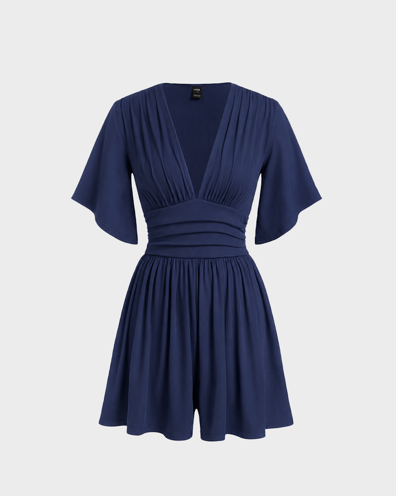 V Neck Bell Sleeve Ribbed Romper with Pockets Summer Jumpsuit