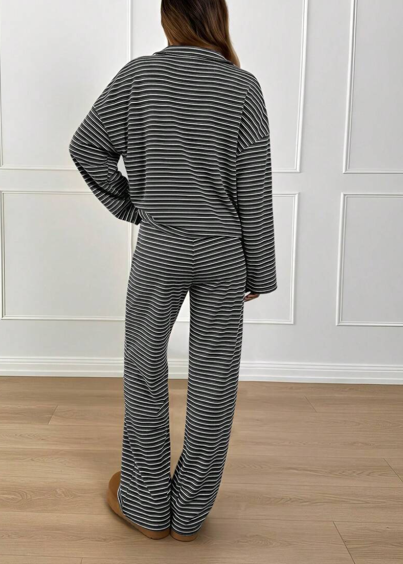 Striped Casual Pajama Set V Neck Drop Shoulder Tee & Elastic Pants Lounge Set