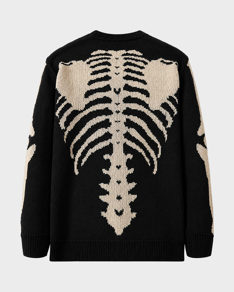 Skeleton Print Long Sleeve V Neck Button Front Loose Drop Shoulder Soft Knit Halloween Fall Top