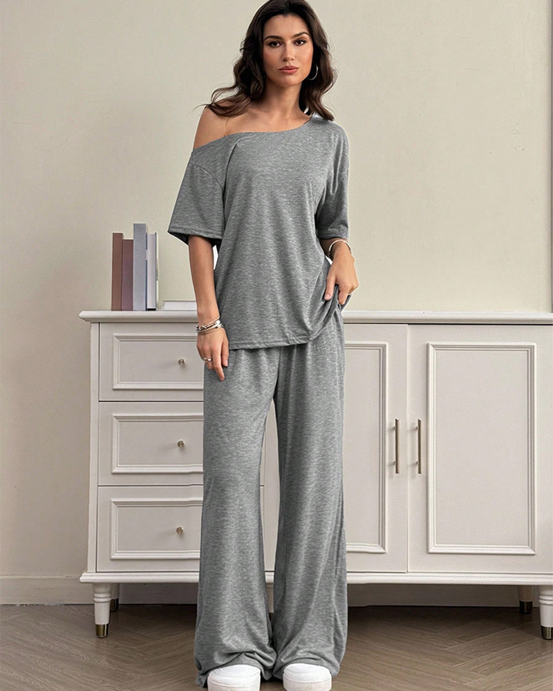 Casual Sporty Off Shoulder Top & Wide Leg Pants Daily Wear 2 Piece Set