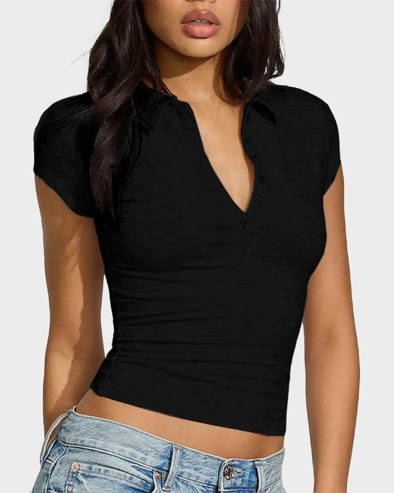 V Neck Short Sleeve Button Front Slim Fit Comfortable Stylish Casual Polo Shirt