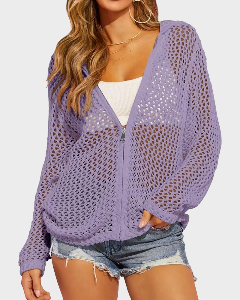 Crochet Lightweight Hooded Zip Up Mesh Beach Swimsuit Cover Up
