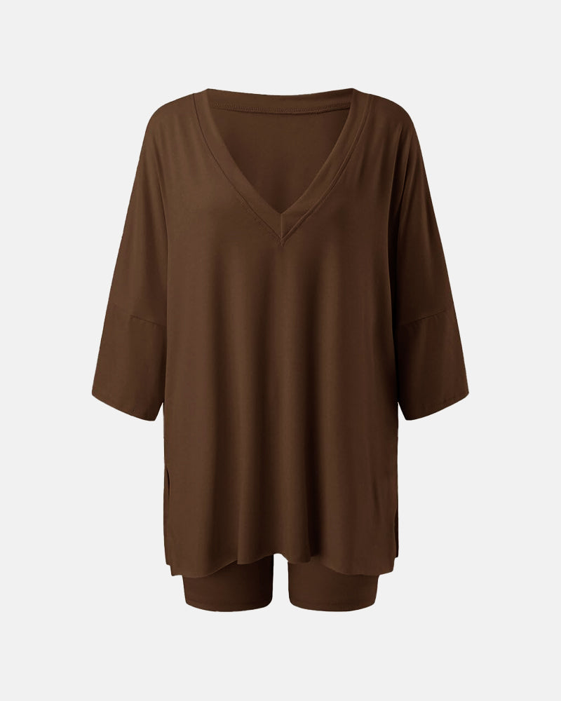V Neck Oversized Shirt & Biker Shorts 2 Piece Lounge Set