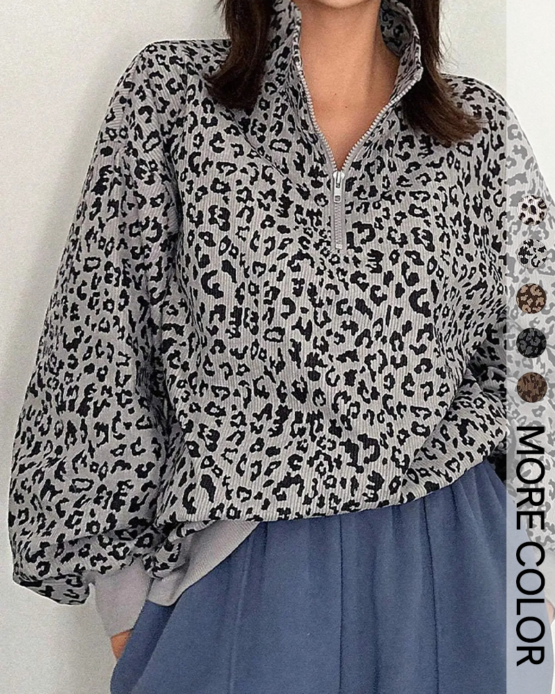 Leopard Print Oversized Half Zip Drop Shoulder Long Sleeve Casual Streetwear Top