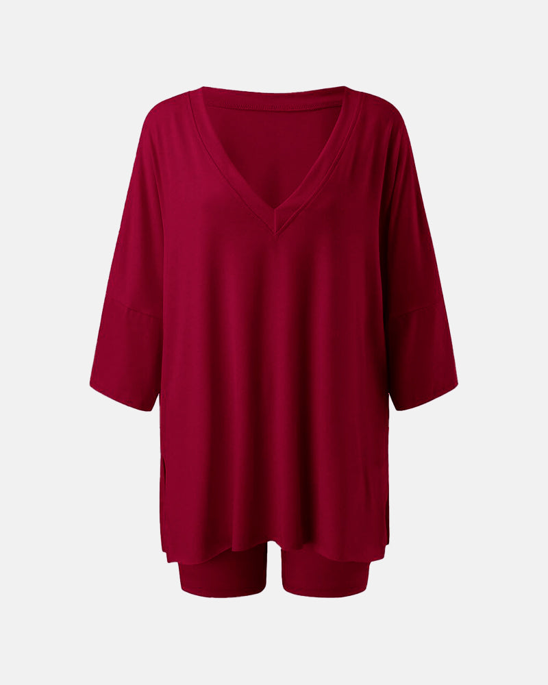V Neck Oversized Shirt & Biker Shorts 2 Piece Lounge Set