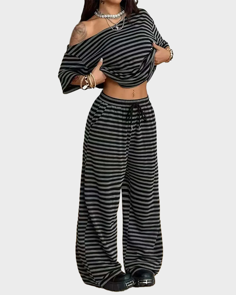 Casual Sporty Off Shoulder Top & Wide Leg Pants Daily Wear 2 Piece Set
