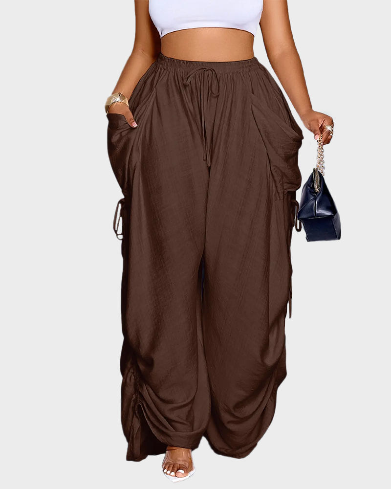 Women's Loose Fit Wide Leg Drawstring Pants Woven Plain