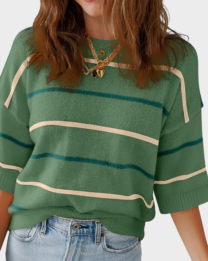 Striped Baggy Pullover Short Sleeve Round Neck Ribbed Cuff Top