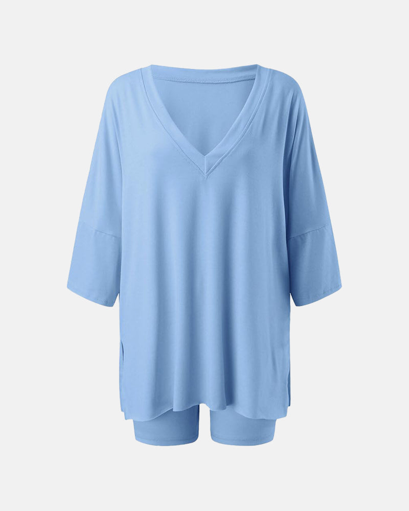 V Neck Oversized Shirt & Biker Shorts 2 Piece Lounge Set