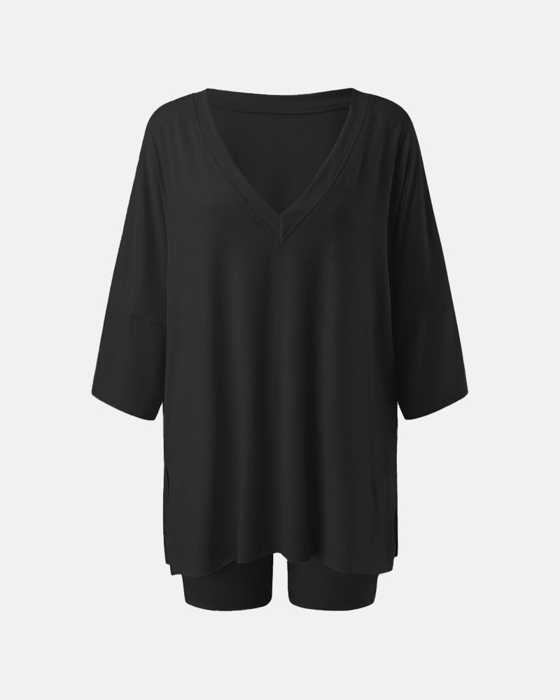 V Neck Oversized Shirt & Biker Shorts 2 Piece Lounge Set