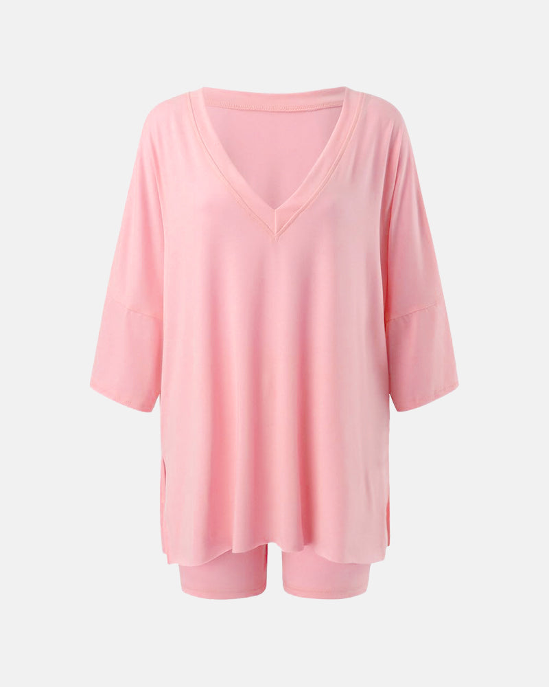 V Neck Oversized Shirt & Biker Shorts 2 Piece Lounge Set